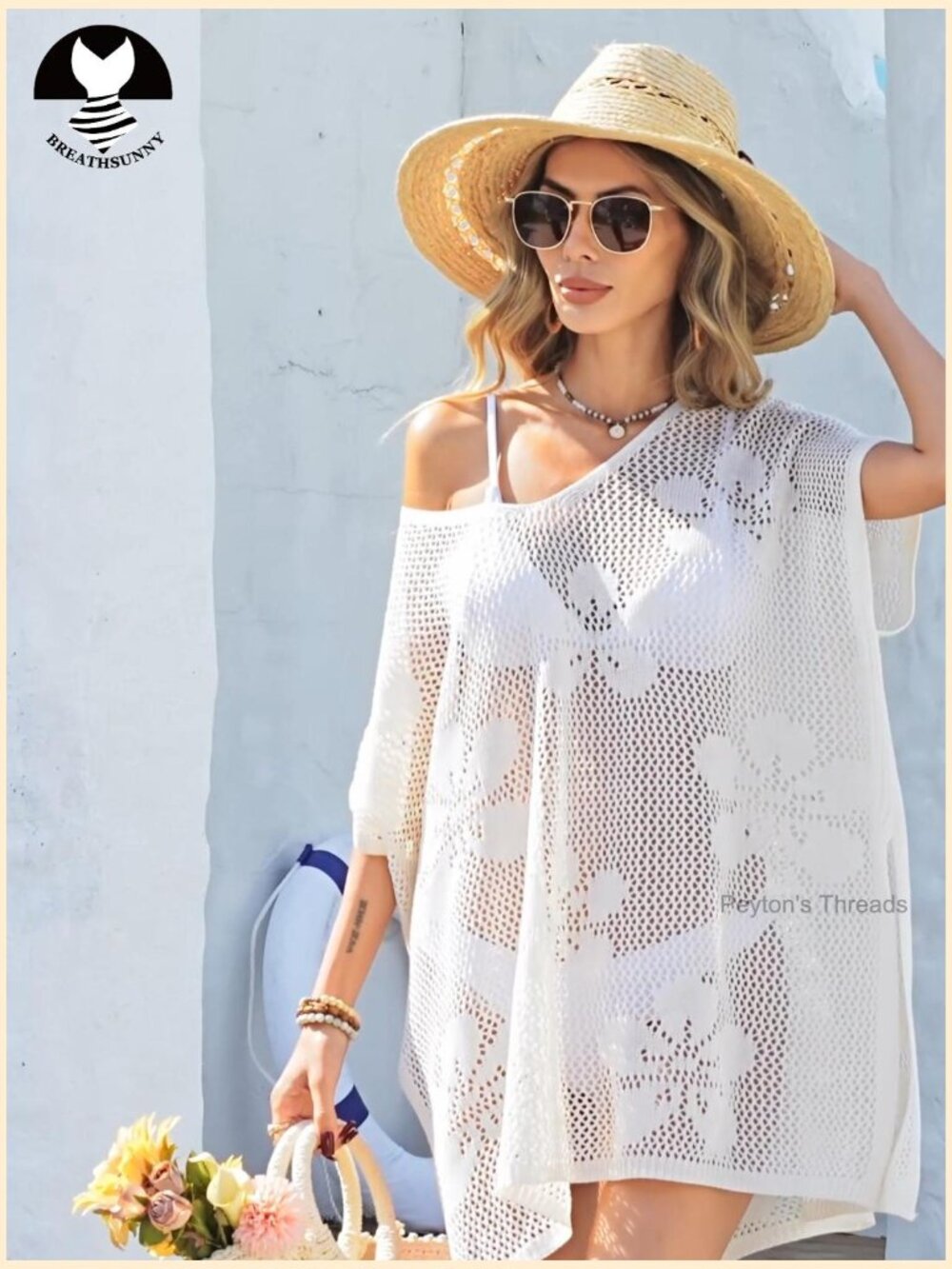 Oversized Crochet Beach Cover Up Mini Dress Cap Sleeve Swimsuit Cover Up - Picture 6 of 7